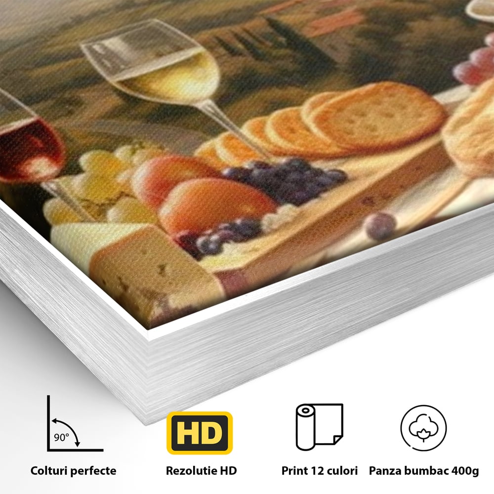 Detaliu al suprafetei: tablou canvas cu peisaj tomnatic si masa imbelsugata, in rama de aluminiu argintiu